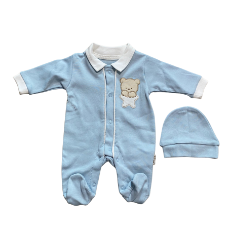 Bebeluși băieți - Salopetă bebe din bumbac cu căciuliță și broderie ursuleț