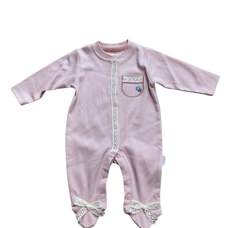 Rochii și salopete - Salopetă bebe din bumbac cu dantelă decorativă și fundițe aplicate