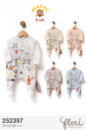 Salopetă bebe din bumbac cu imprimeu fermă și animale