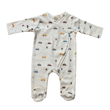 Bebeluși băieți - Salopetă bebeluș cu imprimeu mașinuțe și închidere laterală – bumbac 100%