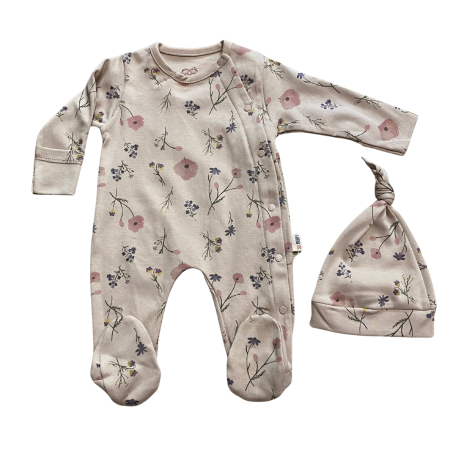 Rochii și salopete - Salopetă bebe din bumbac cu imprimeu floral și căciuliță asortată