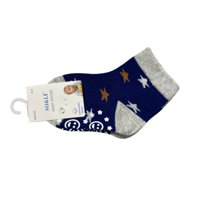 Bebeluși băieți - Set 2 perechi șosetuțe bebeluș antiderapante din bumbac – bleumarin cu steluțe, moi și confortabile