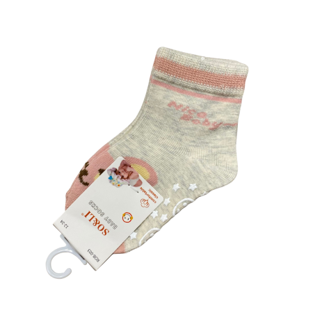 Bebeluși fete - Set 2 perechi șosetuțe bebeluș antiderapante din bumbac – crem cu detalii roz, moi și confortabile