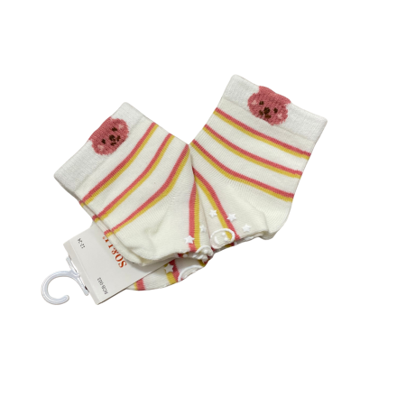 Set 2 perechi șosetuțe bebeluș antiderapante din bumbac – dungi galben-roz cu ursuleț, moi și elastice [1]