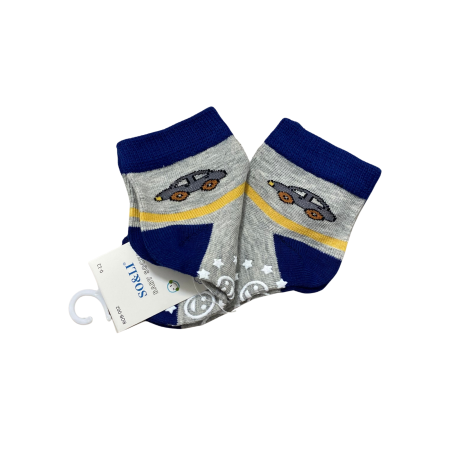 Set 2 perechi șosetuțe bebeluș antiderapante din bumbac – gri cu mașinuță albastră, moi și elastice [1]