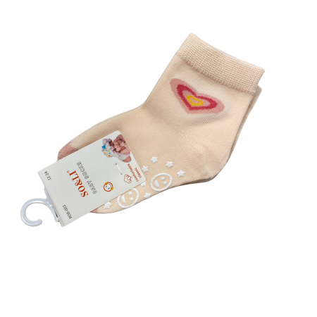 Bebeluși fete - Set 2 perechi șosetuțe bebeluș antiderapante din bumbac – model inimioară roz, moi și elastice