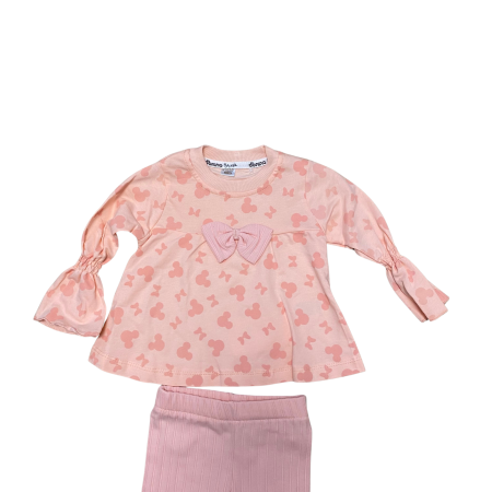 Seturi și compleuri - Compleu fetiță roz cu imprimeu fluturi și fundiță decorativă – model delicat cu colanți