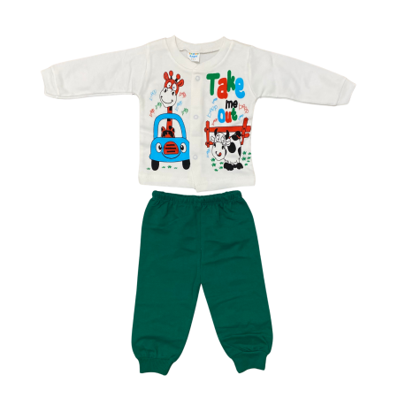 Bebeluși băieți - Set 2 piese copii „Take Me Out” – Bluziță albă cu girafă și vacuță  + pantaloni verzi