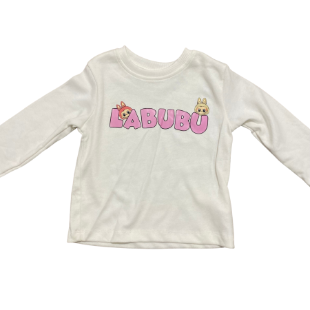 Set 2 piese fetițe „Labubu” – Rochiță salopetă din denim cu imprimeu și bluză albă cu mânecă lungă [5]