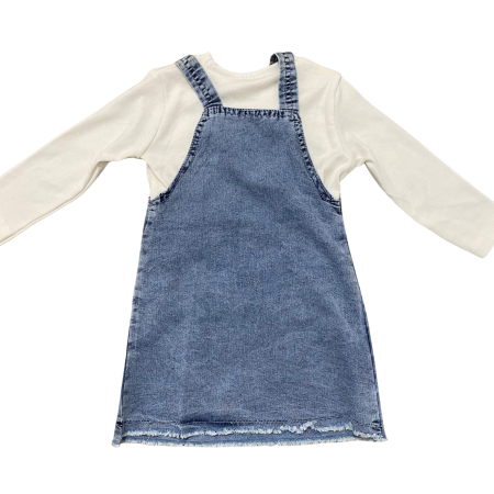 Set 2 piese fetițe „Labubu” – Rochiță salopetă din denim cu imprimeu și bluză albă cu mânecă lungă [4]