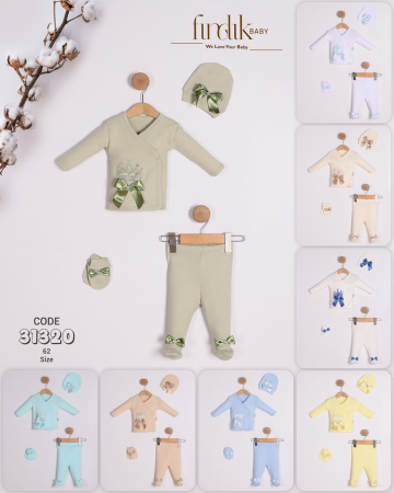 Articole de iarna - Set nou-născut 4 piese cu fundițe și coroniță brodată imprimeu