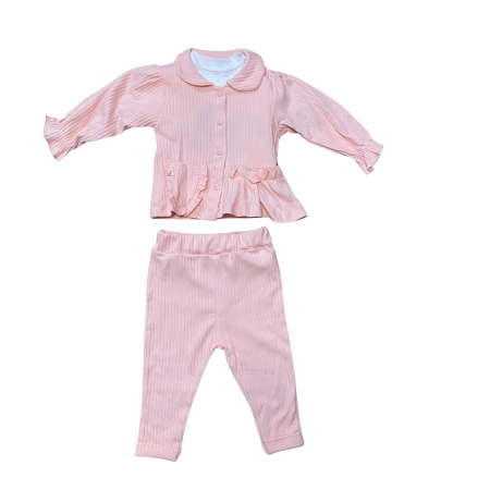 Seturi și compleuri - Set roz pal din bumbac cu volănașe și jachetă cu guler rotunjit