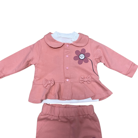 Set roz din bumbac cu imprimeu floare „Smile” și jachetă cu fundițe [1]