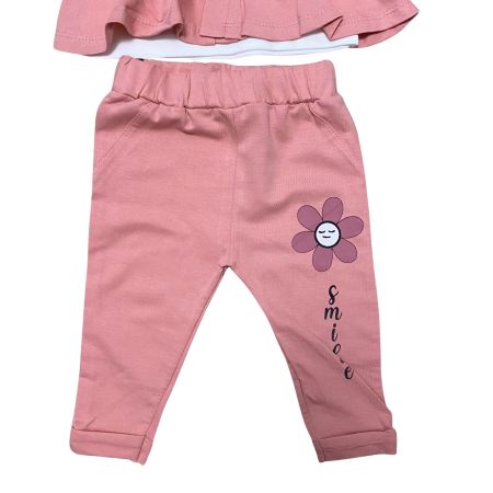 Set roz din bumbac cu imprimeu floare „Smile” și jachetă cu fundițe [2]