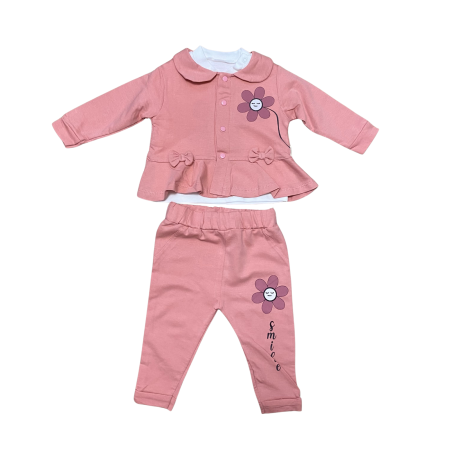 Seturi și compleuri - Set roz din bumbac cu imprimeu floare „Smile” și jachetă cu fundițe