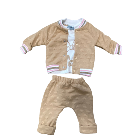 Seturi și compleuri - Set bebeluș tricotat bej cu inimioare reliefate și dungi pastelate