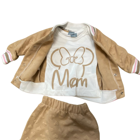 Set bebeluș tricotat bej cu inimioare reliefate și dungi pastelate [2]