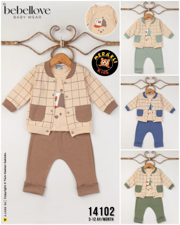 Articole de iarna - Set 3 piese din bumbac cu ursuleț și jachetă cadrilată