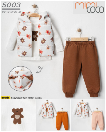Bebeluși fete - Set 3 piese cu ursuleț și vestă matlasată cu glugă – Mimi Coco