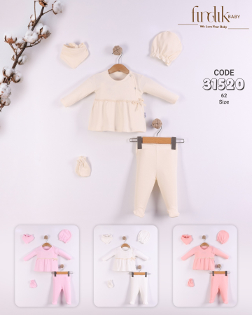 Set nou-născut 5 piese cu bluză rochiță și fundiță decorativă imprimeu