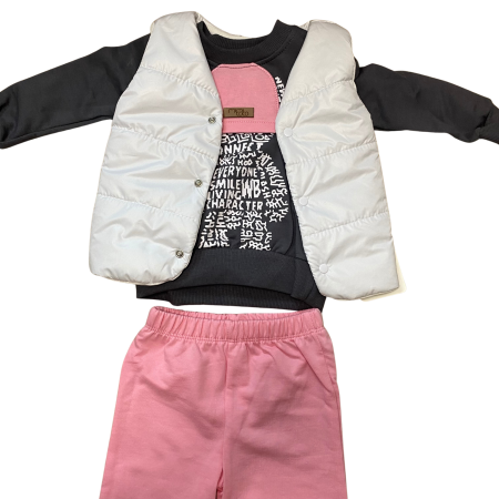 Compleu fetiță 3 piese cu vestă albă, bluză gri și pantaloni roz – model sport casual [0]