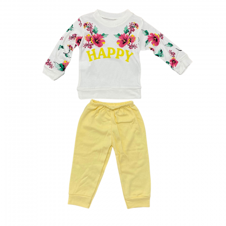 Bebeluși fete - Set bebeluși, 2 piese – bluză albă cu imprimeu floral și mesaj HAPPY + pantaloni galbeni