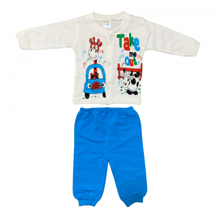 Bebeluși băieți - Set bebeluși, 2 piese – bluză albă cu imprimeu girafă și vacuță + pantaloni albaștri