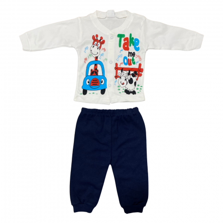 Bebeluși băieți - Set bebeluși, 2 piese – bluză albă cu imprimeu girafă și vacuță + pantaloni bleumarin