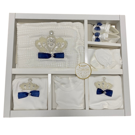 Evenimente - Set botez elegant pentru nou-născut cu coroane strălucitoare și fundițe bleumarin – 10 piese