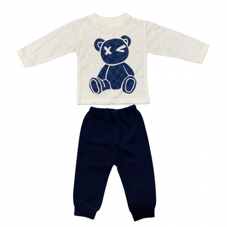 Bebeluși băieți - Set copii, 2 piese – bluză albă cu ursuleț albastru grafic și pantaloni bleumarin