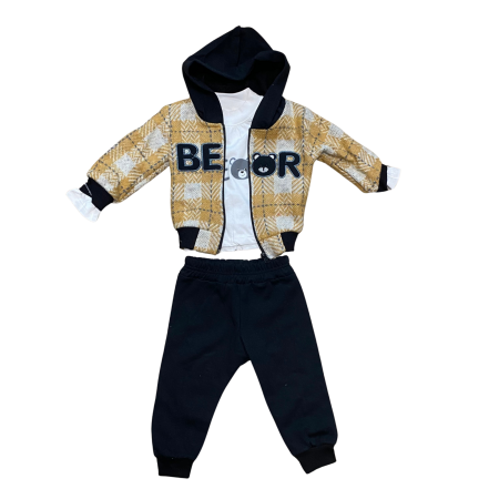 Articole de iarna - Compleu băiețel BEAR cu hanorac în carouri și pantaloni negri – model 3 piese cu glugă