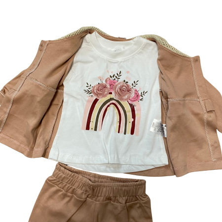 Compleu fetiță bej cu guler croșetat – model elegant cu volănașe și nasturi [2]