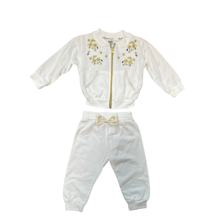 Seturi și compleuri - Compleu fetiță alb cu broderie florală și fundiță decorativă – model elegant cu fermoar auriu