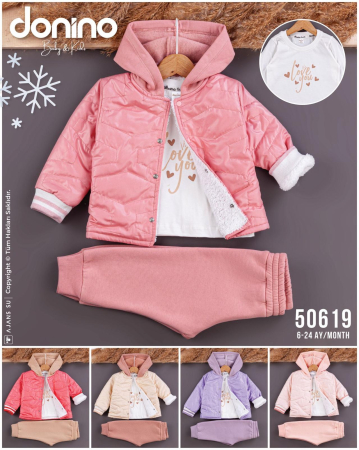 Bebeluși fete - Set 3 piese din bumbac cu geacă matlasată și bluziță „Love You” – Donino