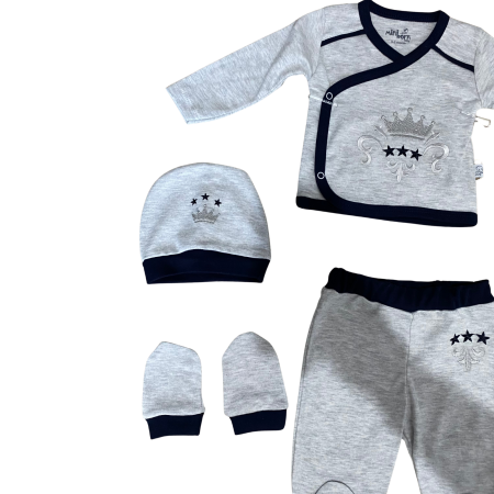 Set 5 piese cu imprimeu coroană – bluziță, pantaloni, bavețică, căciuliță și mănuși [1]