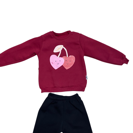 Compleu fetiță vișiniu „Sweet Cherries” – bluză cu imprimeu cireșe și pantaloni negri [1]