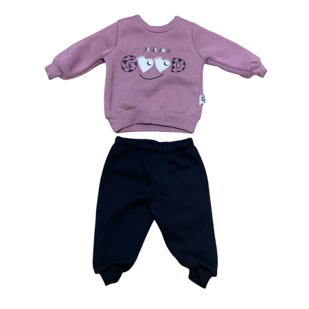 Seturi și compleuri - Compleu fetiță mov „FEELING GOOD” – bluză cu imprimeu și pantaloni negri