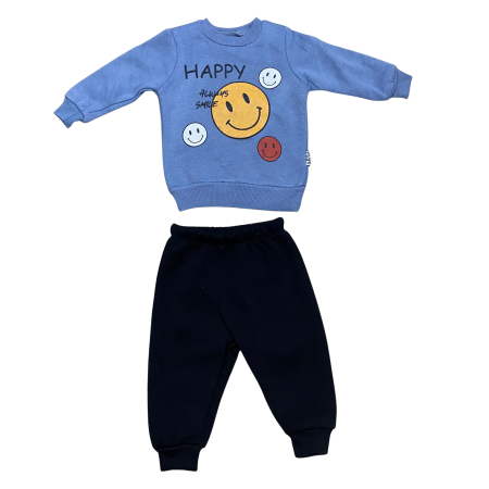 Articole de iarna - Compleu băiețel albastru „HAPPY Always Smile” – bluză cu imprimeu și pantaloni negri