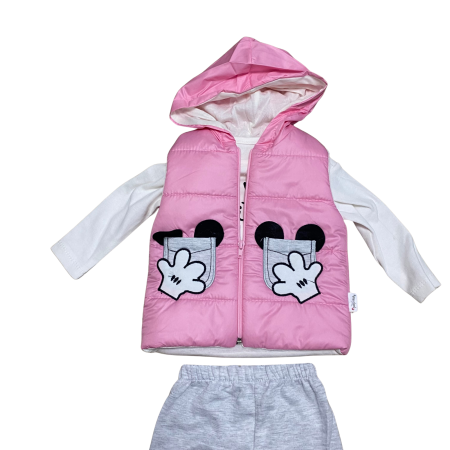 Compleu fetiță roz cu vestă matlasată și pantaloni gri – model 3 piese cu glugă [1]