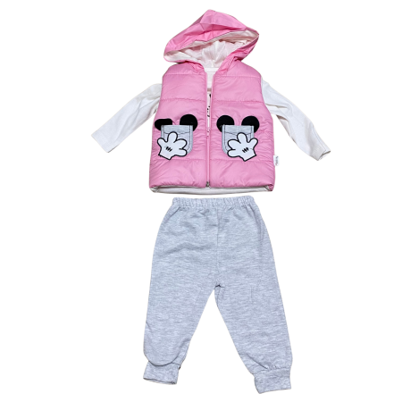 Seturi și compleuri - Compleu fetiță roz cu vestă matlasată și pantaloni gri – model 3 piese cu glugă