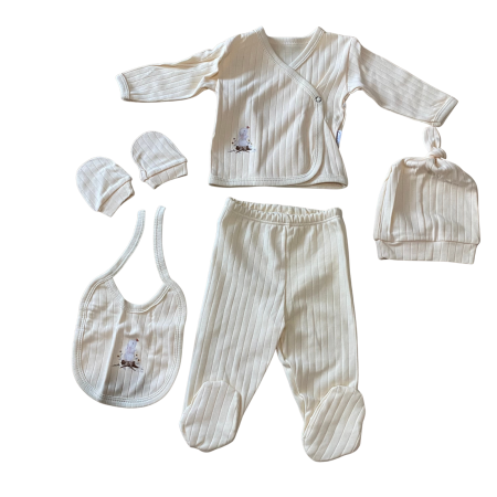 Articole de noapte - Set 5 piese cu imprimeu urs polar – bluză, pantaloni, bavețică, căciuliță și mănuși