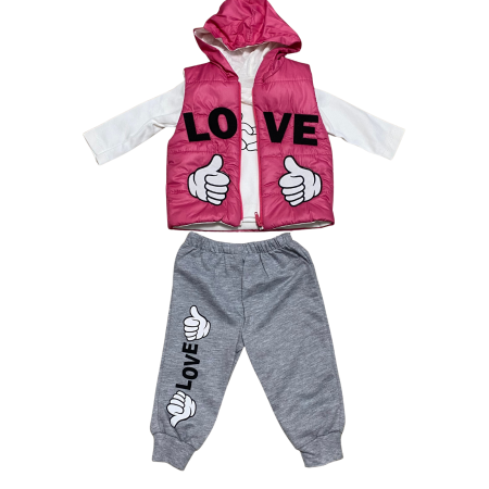 Bebeluși fete - Compleu fetiță 3 piese roz cu vestă „LOVE” și pantaloni gri – model casual cu glugă