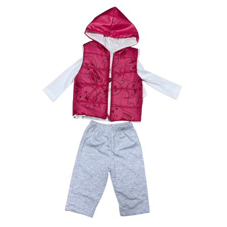 Bebeluși fete - Compleu fetiță 3 piese cu vestă imprimeu iepurași