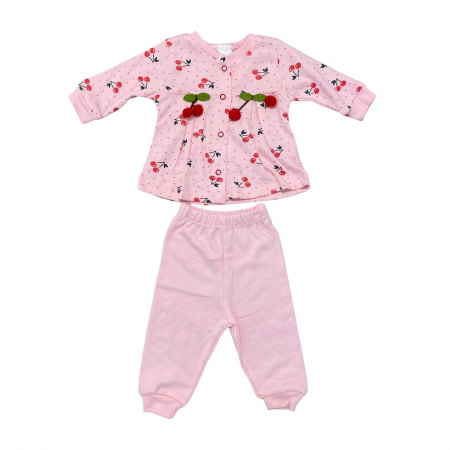 Bebeluși fete - Set roz bebeluși, 2 piese – bluză cu imprimeu și aplicații 3D cireșe + pantaloni