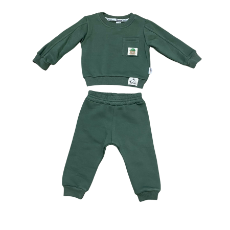 Articole de iarna - Set trening bebeluș verde închis din bumbac cu buzunar decorativ