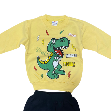 Seturi și compleuri - Trening copii galben cu dinozaur  – Bluziță și pantaloni negri, bumbac 100%