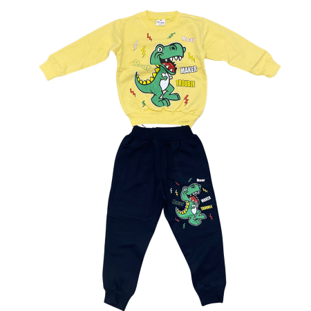 Baieți - Trening copii galben cu dinozaur  – Bluziță și pantaloni negri, bumbac 100%
