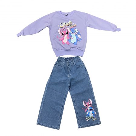 Fete - Trening fete 2 piese – bluza mov cu imprimeu Stitch Love si pantaloni jeans largi