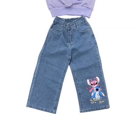 Trening fete 2 piese – bluza mov cu imprimeu Stitch Love si pantaloni jeans largi [2]