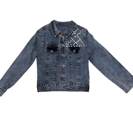 Fete - Jachetă denim gri închis cu aplicații de perle decorative pe umăr